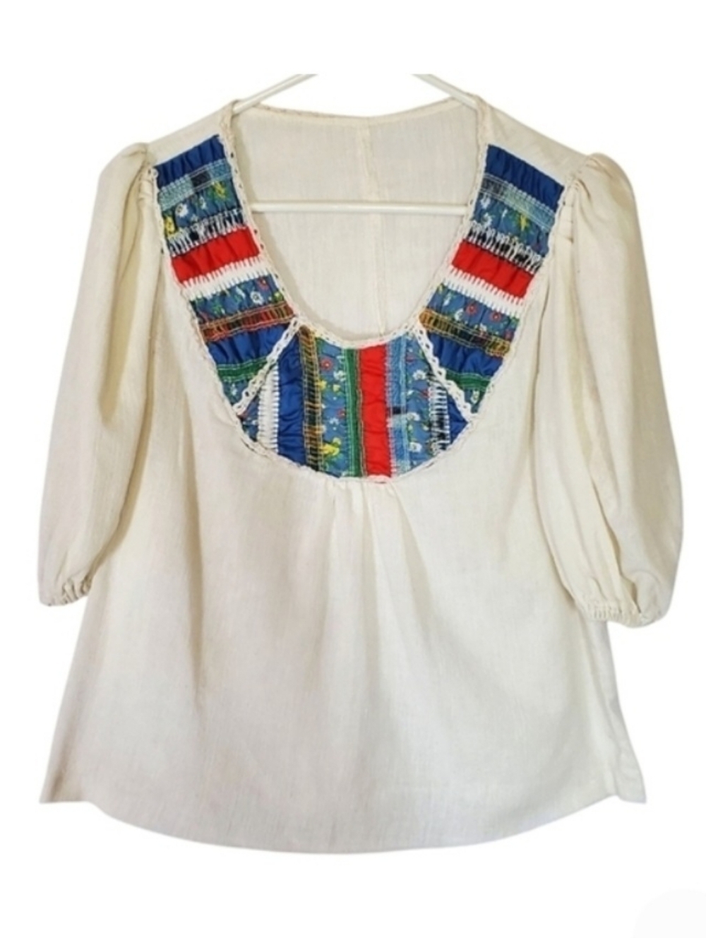 2060 * Handmade Peasant Style Blouse Cream Red Blue Size Unknown Vintage